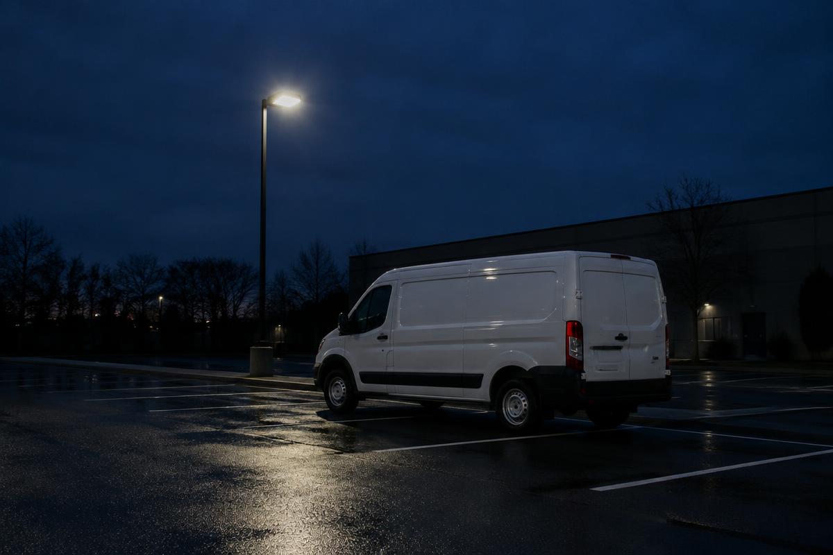 Un utilitaire blanc garé seul la nuit sur un parking d'entreprise