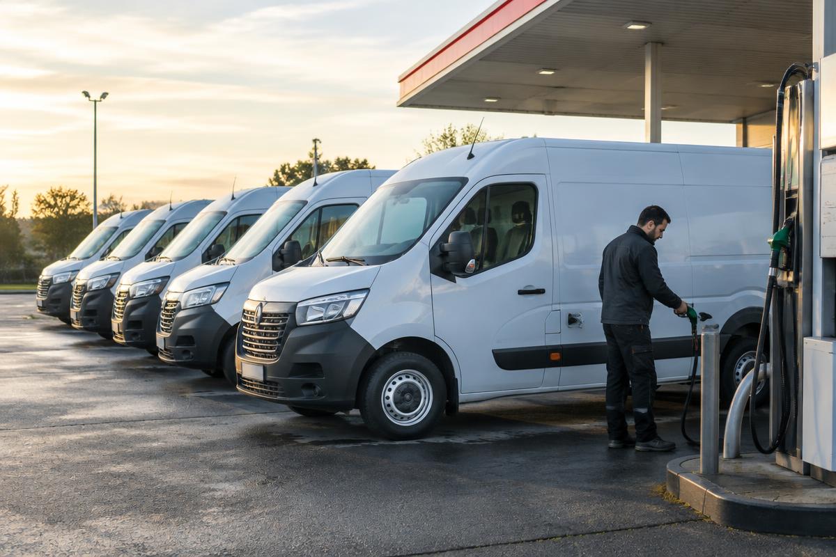 Une flotte d'utilitaires blancs alignés fait le plein à la station